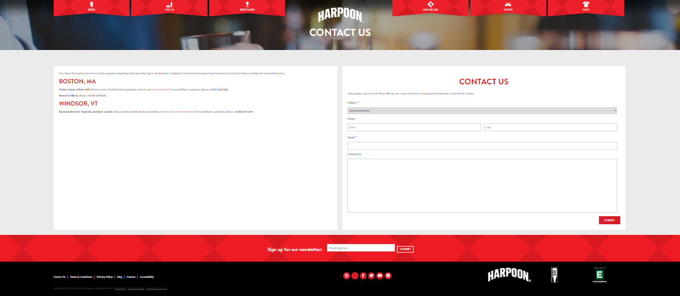 Harpoon Brewery Contact Us Page